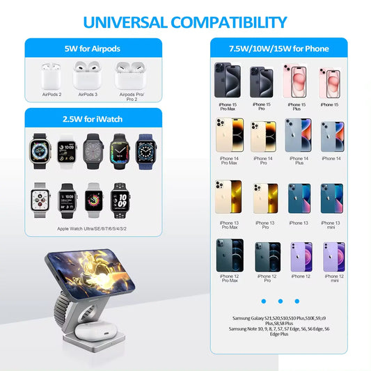 JEDIX 3in 1 Magnetic Foldable Folding Wireless Charger fast Charging Station For iphone Smart Watch 3-in-1 Travel power Adapter
