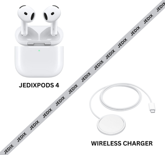 JedixPods 4 Wireless Earbuds, Bluetooth Headphones, Personalised Spatial Audio, Sweat and Water Resistant, USB-C Charging Case, Up to 30 Hours of Battery Life, Effortless Setup for iPhone